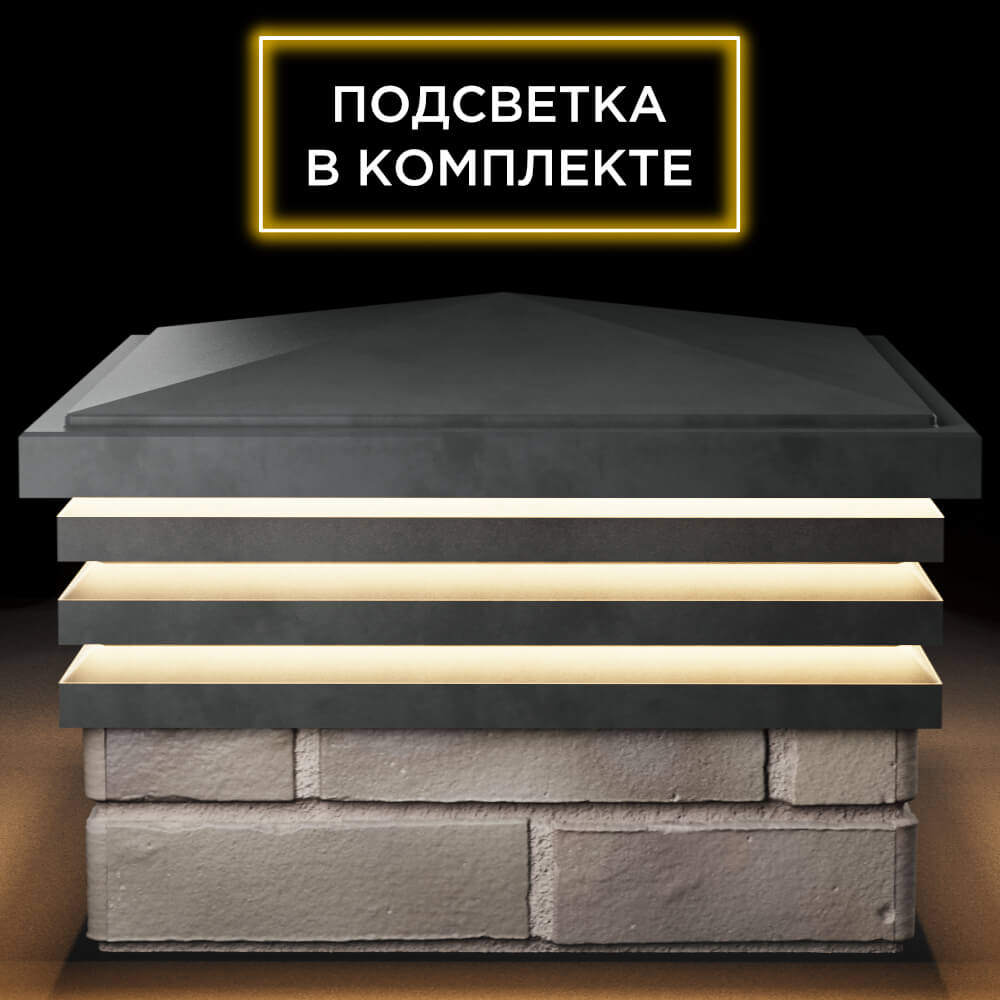 Колпак Zking Бона ХайТек Серый на столб 1.5х1.5 кирпича (385х385мм) с подсветкой Коломна фото